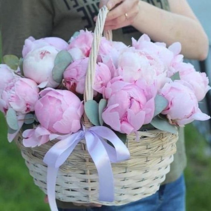 15 пионов в корзине в Сургуте